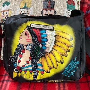 Vintage Ed Hardy black nylon messenger bag. Indian maiden motif